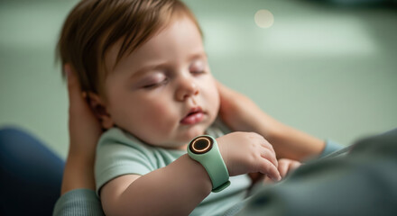 Premium Pastel Green Wearable Sleep Tracker Photo of Infant with Parent Demonstrating AI-Powered Caregiving in Early Childhoo