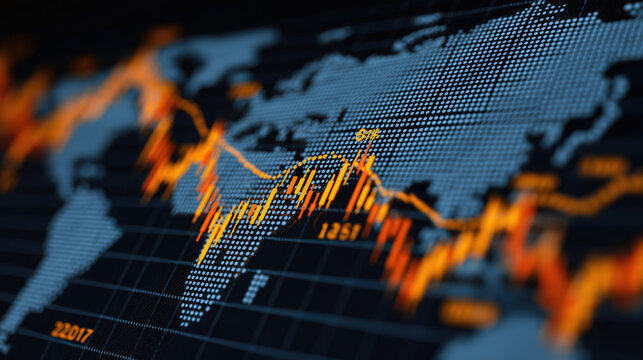 Digital financial chart with stock market trends and world map in orange and blue color theme