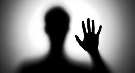 black and white photograph shows of a blurred silhouette of a man behind a matte or translucent surface. The hand is clearly pressed against the surface. eerie image, emotional expression, conceptual