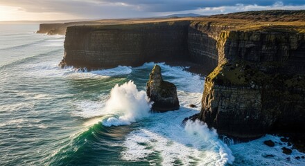 Dramatic Coastal Cliffs of Ireland with Crashing Waves and Sea Stack