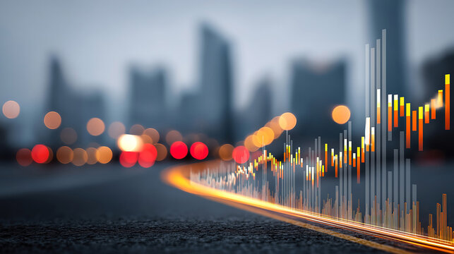 Financial growth with mutual funds and dividends shown through charts and hologram in a city