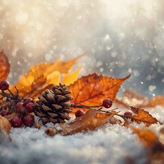 Autumn Leaves and Pinecones in Snow. Mixed seasonal scene of fall leaves and pinecones over snow, symbolizing seasonal transition