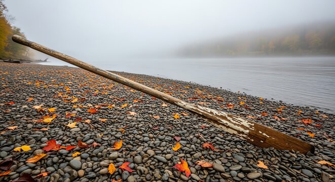 Foggy lake shore with oar and autumn leaves - Powered by Adobe