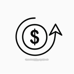 Return on investment concept icon showing financial growth. Minimalist line art of a dollar coin with a circling upward arrow.