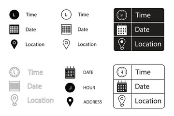 Simple Black and White Icons Representing Time, Date, and Location.