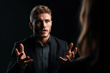 Confident businessman engaged in intense conversation during business meeting, delivering persuasive pitch to colleague, emphasizing dynamic interaction and professional setting