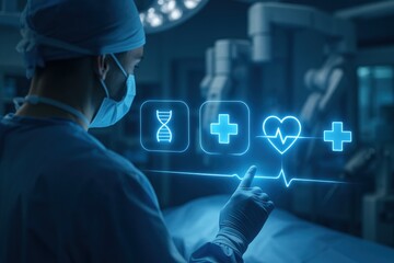 Surgical Vision: A skilled surgeon, clad in sterile attire, interacts with an illuminated interface, visualizing vital health indicators in a cutting-edge operating room setting.