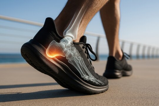 Motion Analysis: A visual representation of the human musculoskeletal system during running or walking, focusing on the impact of a foot strike.