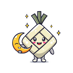 Cute ketupat character holding a crescent moon, surrounded by sparkling stars, on a white background.