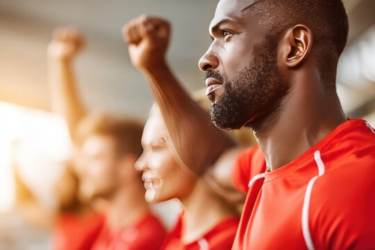 Group of enthusiastic athletes celebrating victory at a sports event, showing unity and team spirit in vibrant red jerseys
