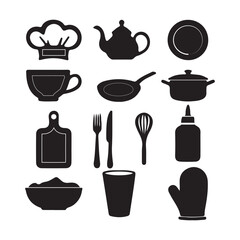    a set of cooking things of vector silhouette on white background