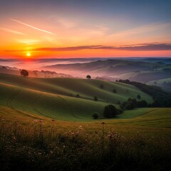 Fototapeta premium Rolling hills landscape sunset sky rural scenery