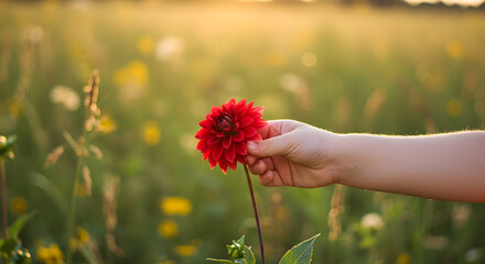 A child's hand gently holding a single red Dahlia, against a blurred summer meadow background. Conveying innocence and wonder