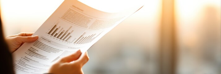 Business professional analyzing financial report with graphs during sunrise in modern office, detailed data evaluation for strategic decision making, corporate finance concept