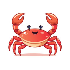 Cheerful cartoon crab, red shell, smiling face, raised claws, ocean creature.