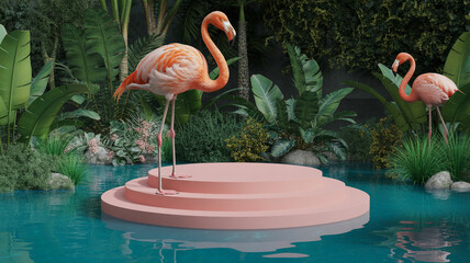 Pink flamingo birds grace tropical pond surrounded by lush greenery and a modern pink podium