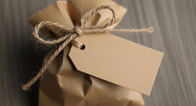 Wrapped gift with twine and tag on wooden surface