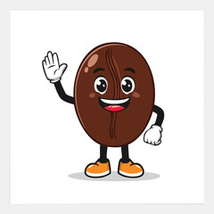 Cheerful coffee bean cartoon character waving hello.