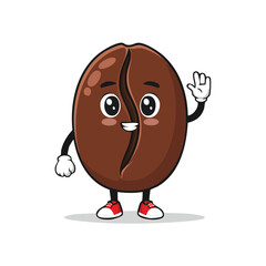 A cheerful cartoon coffee bean character waving with a friendly expression and rosy cheeks.