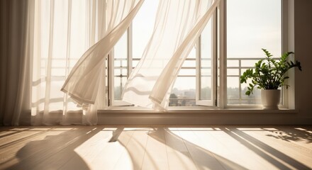 Sunlit Room with Flowing Curtains and a Potted Plant