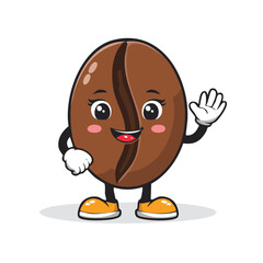 A cartoon coffee bean character with a happy face, waving hello with a friendly gesture.