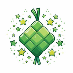 Cartoonish illustration of a vibrant green ketupat, a traditional Southeast Asian dish, surrounded by stars.