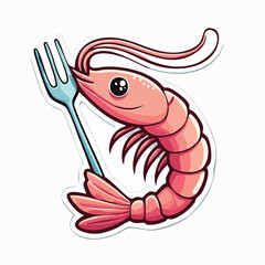 Cartoon shrimp character holding a fork, presented in a cheerful and playful style.