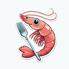 A cartoon shrimp with a fork, appearing ready to be eaten, presented in a playful illustration.