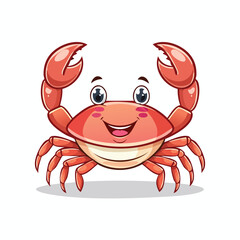 Cartoon illustration of a happy, smiling red crab with raised claws, isolated on a white background.