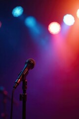Obraz premium Close-up of microphone on stage with bright lights , reflection, sound system