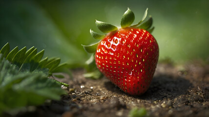 Fresh Red Strawberry with Water Drops, Isolated on Blurred Green Bokeh Background
