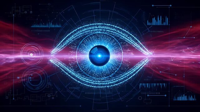Futuristic AI Bionic Eye Scanning Digital Data on a Glowing HUD Interface Animation.