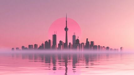 Obraz premium City Skyline Silhouette with Pink Sunset and Water Reflection, Modern Urban Architecture for Travel and Real Estate Design