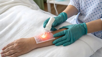 Medical skincare moment with beauty glow and gentle healing tones.