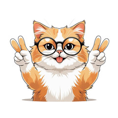 Cute Persian-Scottish Fold cat wearing glasses and showing peace sign