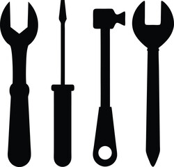 Set of four black silhouette tool icons including a wrench, screwdriver, and hammer for repair.