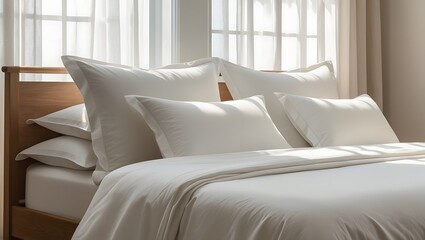 Obraz premium Cozy bedroom, white-themed decor, neat and tidy arrangement, warm and inviting lighting, soft textures, minimalist design, relaxing atmosphere, comfortable bedding, simple elegance, bright and fres
