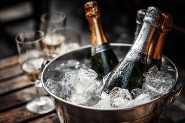 Generative AI. Bottles of sparkling champagne in an ice bucket, surrounded by elegant glasses, creating a festive atmosphere for celebrations and special occasions with a touch of luxury