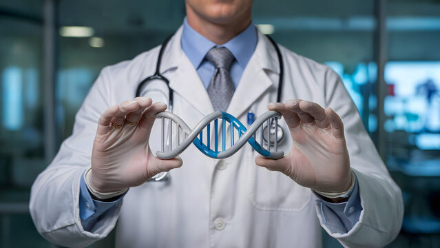 Doctor in lab coat holding stunning DNA model demonstrating modern genetics research science and medicine