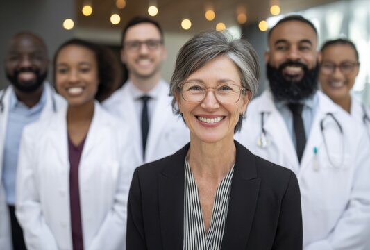 A diverse team of medical professionals smiles confidently, representing healthcare expertise and collaborative spirit in a modern setting.