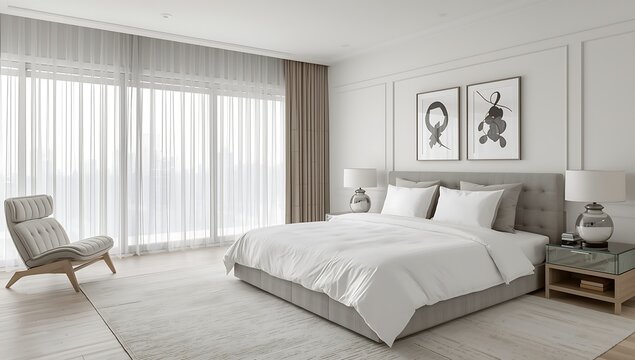  luxury bedroom, sleek modern design, king-size bed, elegant bedding, upscale interior, minimalist style, ambient lighting, cozy atmosphere, neutral color palette, contemporary furniture, plush cush