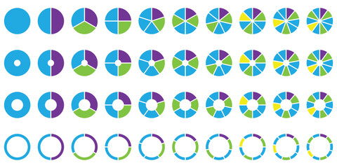 Circle pie chart diagram. Pie chart set. Colorful diagram collection with sections or steps. 1,2,3,4,56,7,8,9,10,11,12 segment infographic. Wheel round diagram part symbol. Vector illustration