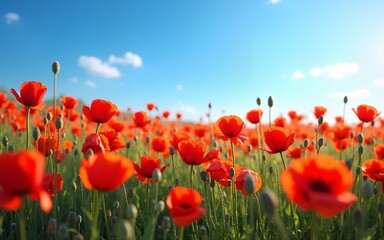 field of poppies and blue sky. High quality