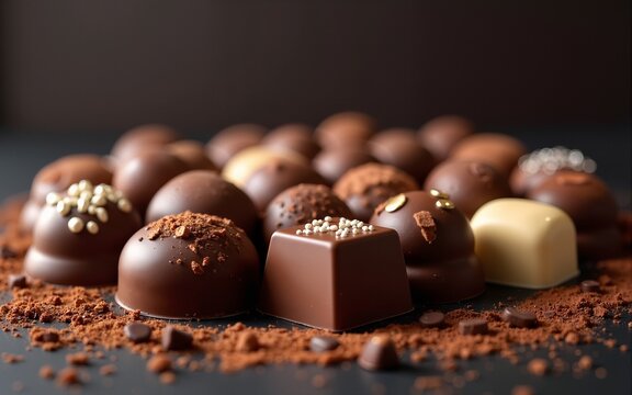 Sumptuous spread of assorted chocolates to celebrate world chocolate day on a dark backdrop. High quality