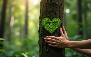 Human hands touching old tree green forest in tropical woods, Love nature, protect environment, co2, net zero concept, pollution or climate change, Earth day and Environmental care. High quality