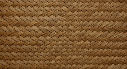 Detailed close-up of a natural woven wicker texture. Rustic handmade background with a traditional herringbone pattern.