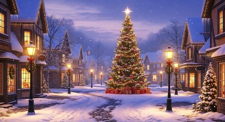 Enchanting Snowy Village Square Decorated for Christmas with a Tall Lit Tree winter town