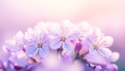 Fototapeta premium Soft Lilac Blossoms Bathed in Light, Cherry Blossoms in Soft Focus Showing Raindrops on Petals With a Pale Background