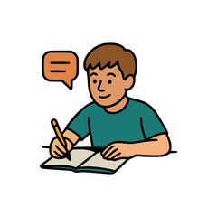 Young student with brown hair doing homework, holding pencil, open book and speech bubble, learning concept image