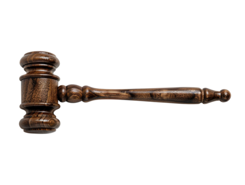 Brown wood gavel shows grainy texture, highlights & shadow. Represents law, justice, court. Perfect for legal services, news, or education designs.